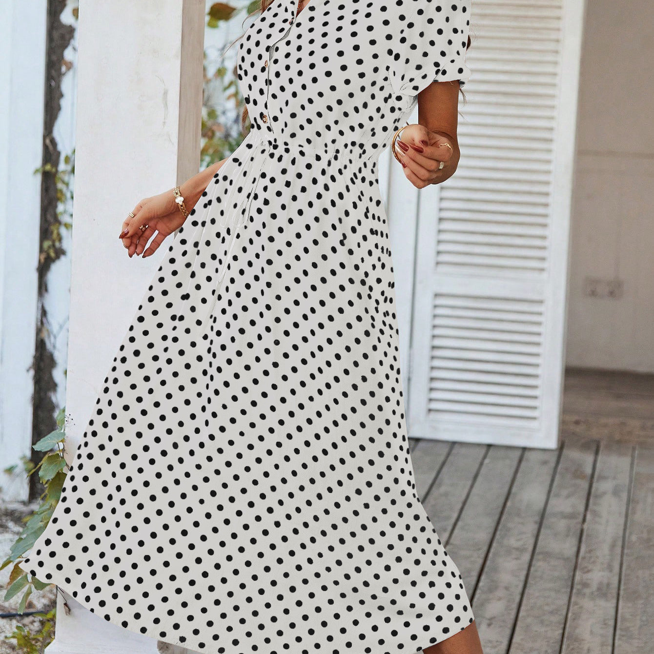 Polka Dot Midi Dress with Drawstring Waist