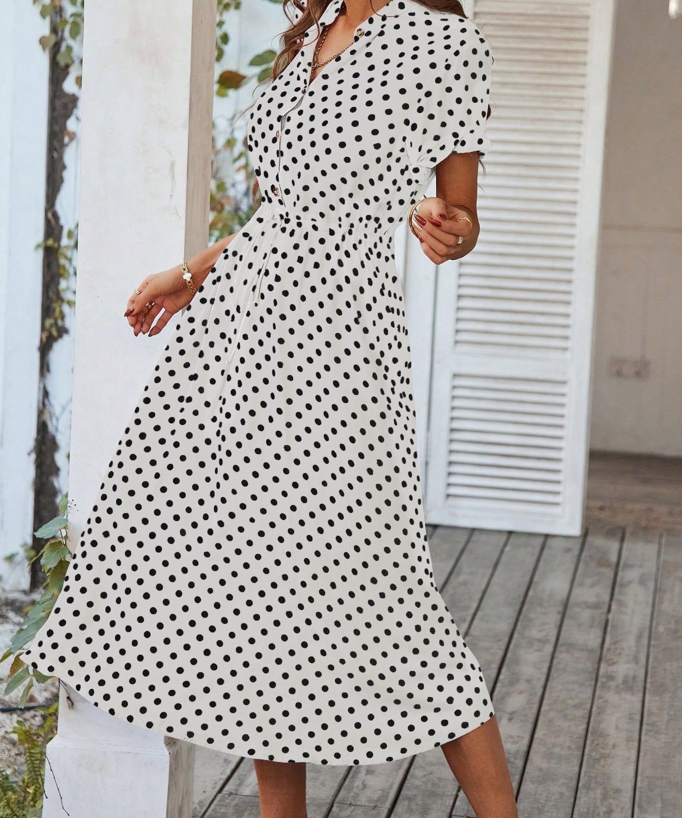 Polka Dot Midi Dress with Drawstring Waist