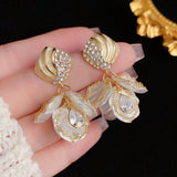 Rhinestone - Inlaid Rhombus & White Petal Drop Earrings