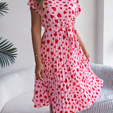 Heart Print Tie - Waist Pleated Dress