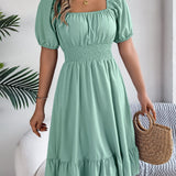Square Neck Puff Sleeve Smocked Waist Ruffle A-Line Dress