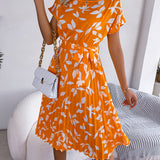 Leaf Print Belted Pleated Midi Dress