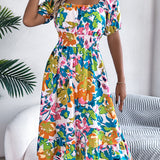 Floral Square Neck Puff Sleeve Midi Dress