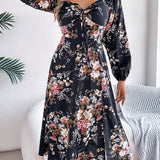 Floral Tie - Front Slit Midi Dress