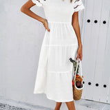 Smocked Tiered Midi Dress with Lace-Trim Sleeves