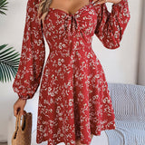 Square Neck Floral Long Sleeve A-Line Dress