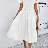 Smocked Tiered Midi Dress with Lace-Trim Sleeves