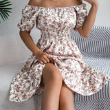 Floral Square Neck Smocked Waist Ruffle A-Line Dress