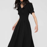 V-Neck Bubble Sleeve Waist Cinching Dress