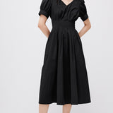 V-Neck Bubble Sleeve Waist Cinching Dress