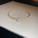 Gold-Plated Zircon Titanium Steel Statement-Stone Open Cuff Bangle for Women