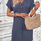 Button - Accent V - Neck Dolman Sleeve Mini Dress