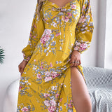 Floral Tie - Front Slit Midi Dress