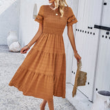 Smocked Tiered Midi Dress with Lace-Trim Sleeves