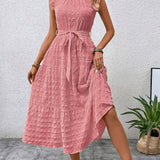 Ruffled Flutter Sleeve Belted Textured Midi Dress
