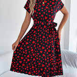 Heart Print Tie - Waist Pleated Dress