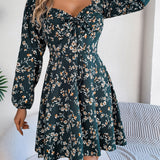 Square Neck Floral Long Sleeve A-Line Dress