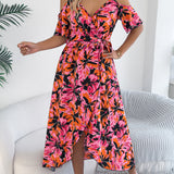 Floral Cold - Shoulder Tie - Waist Midi Dress