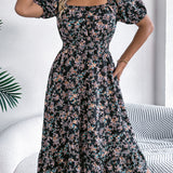 Floral Square Neck Smocked Waist Ruffle A-Line Dress