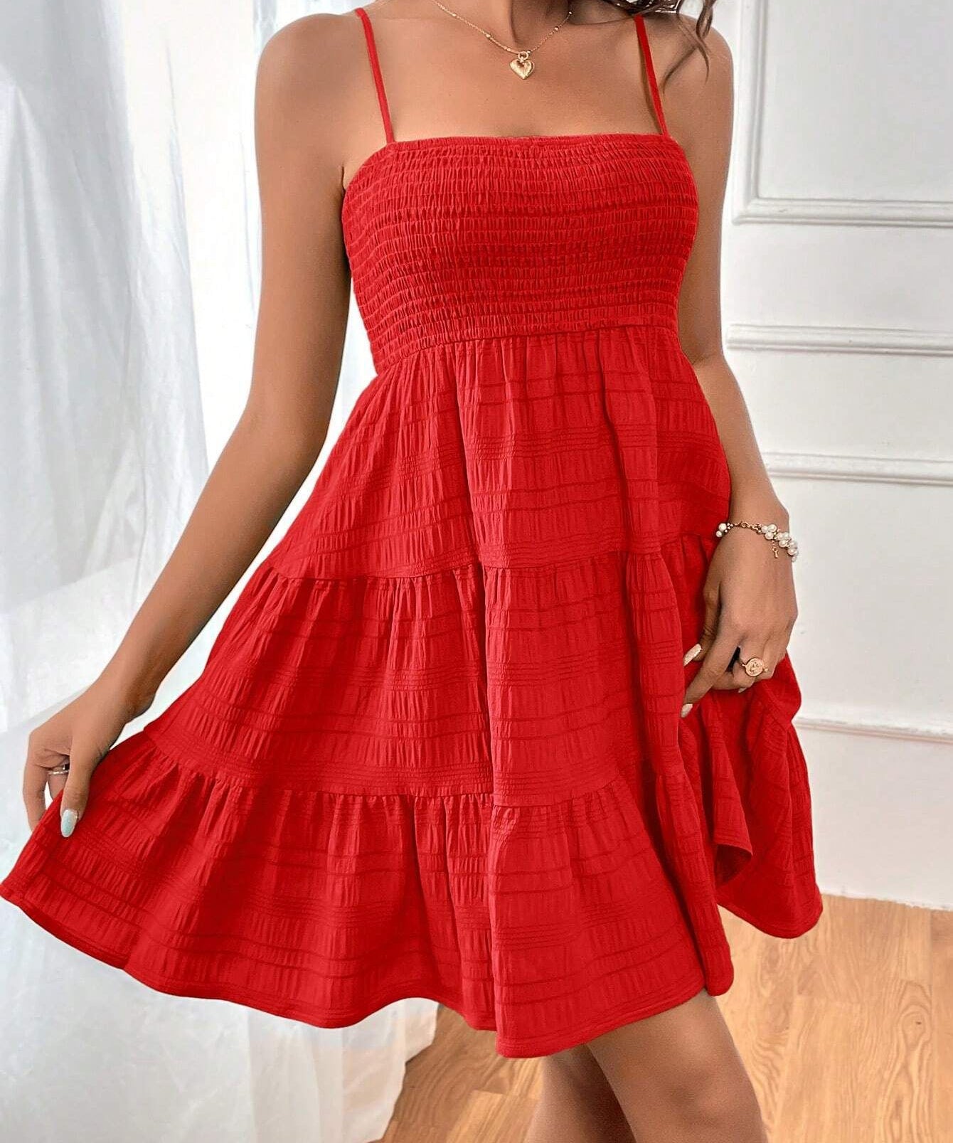 Square Neck Spaghetti Strap Textured Mini Dress