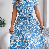 Floral V-Neck Batwing Sleeve Flowy Midi Dress