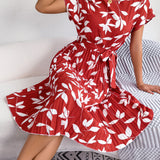 Leaf Print Belted Pleated Midi Dress