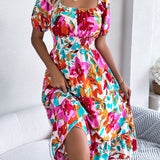 Floral Square Neck Puff Sleeve Midi Dress