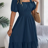 Square Neck Puff Sleeve Smocked Waist Ruffle A-Line Dress