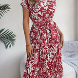 Floral Pleated Tie - Waist Midi Dress