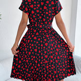 Heart Print Tie - Waist Pleated Dress