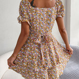 Floral Tie - Waist Flare Dress