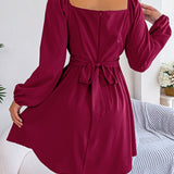 Solid Color Ruffle Square Neck Mini Dress