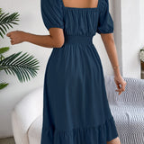 Square Neck Puff Sleeve Smocked Waist Ruffle A-Line Dress