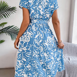 Floral V-Neck Batwing Sleeve Flowy Midi Dress