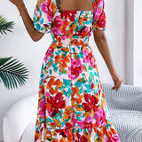 Floral Square Neck Puff Sleeve Midi Dress
