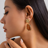 French - Style Metallic Pleated Stone Drop Earrings