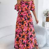 Floral Cold - Shoulder Tie - Waist Midi Dress