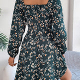 Square Neck Floral Long Sleeve A-Line Dress