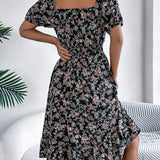 Floral Square Neck Smocked Waist Ruffle A-Line Dress