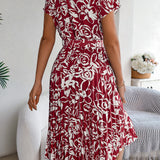 Floral Pleated Tie - Waist Midi Dress