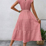 Ruffled Flutter Sleeve Belted Textured Midi Dress