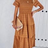 Smocked Tiered Midi Dress with Lace-Trim Sleeves