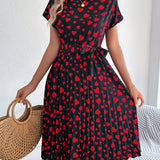 Heart Print Tie - Waist Pleated Dress