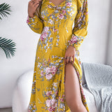 Floral Tie - Front Slit Midi Dress