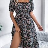 Floral Square Neck Smocked Waist Ruffle A-Line Dress