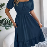Square Neck Puff Sleeve Smocked Waist Ruffle A-Line Dress