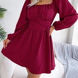 Solid Color Ruffle Square Neck Mini Dress
