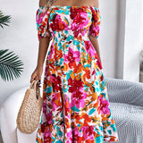 Floral Square Neck Puff Sleeve Midi Dress