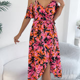 Floral Cold - Shoulder Tie - Waist Midi Dress