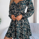 Square Neck Floral Long Sleeve A-Line Dress